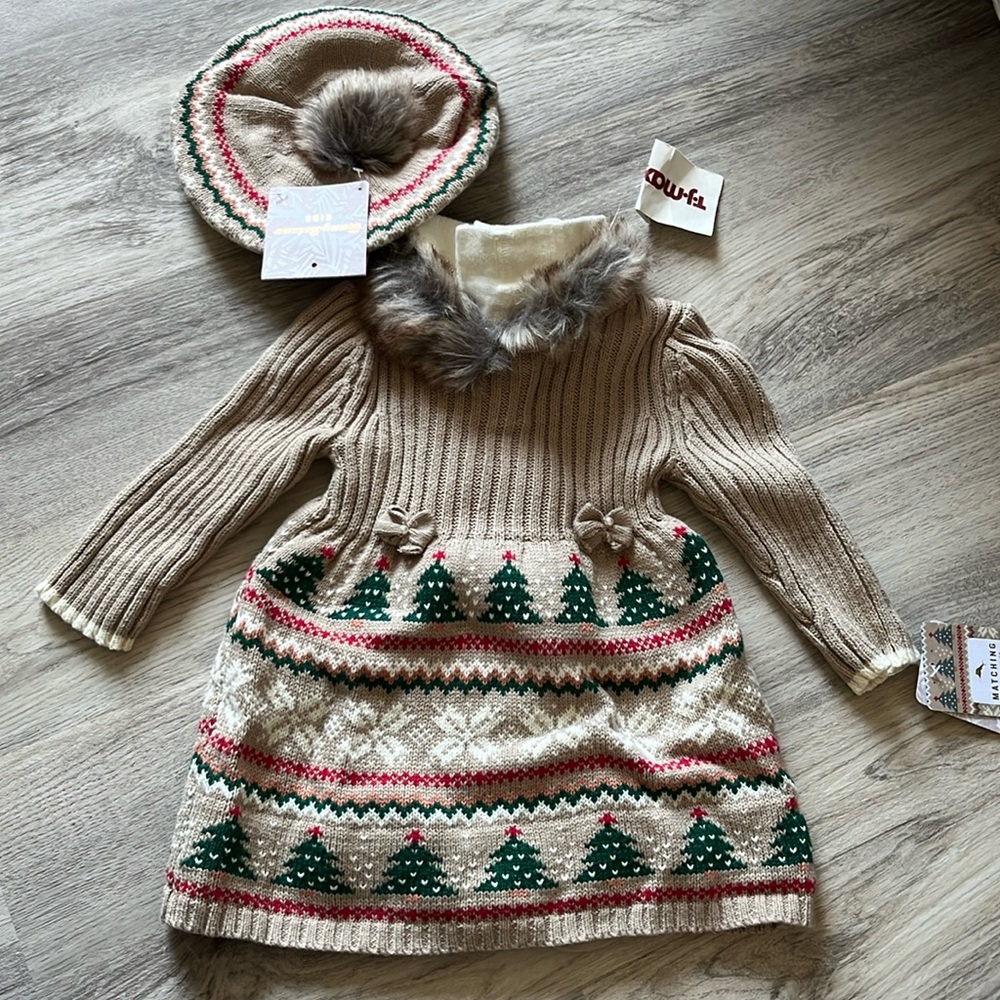 Baby size 3-6m Christmas knit sweater tee dress with matching hat.